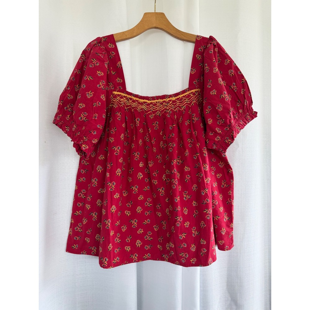 Sonmer Red Floral Peasant Blouse XL Cottagecore Puff Sleeve Smocked Boho Top